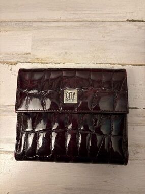 DKNY City Croc-Embossed Patent Leather Wallet in Deep Burgundy